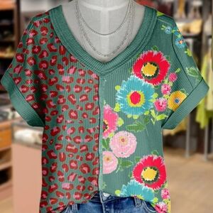 Green and Red Graphic Boxy Tee with Floral Appliqué